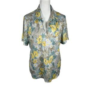 Vintage 70s Haband for Her Collared Floral Short Sleeve Blouse Top Size Large